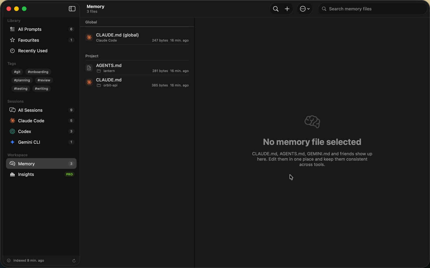 Memory files from several tools listed together: a global CLAUDE.md, a project AGENTS.md and a project CLAUDE.md