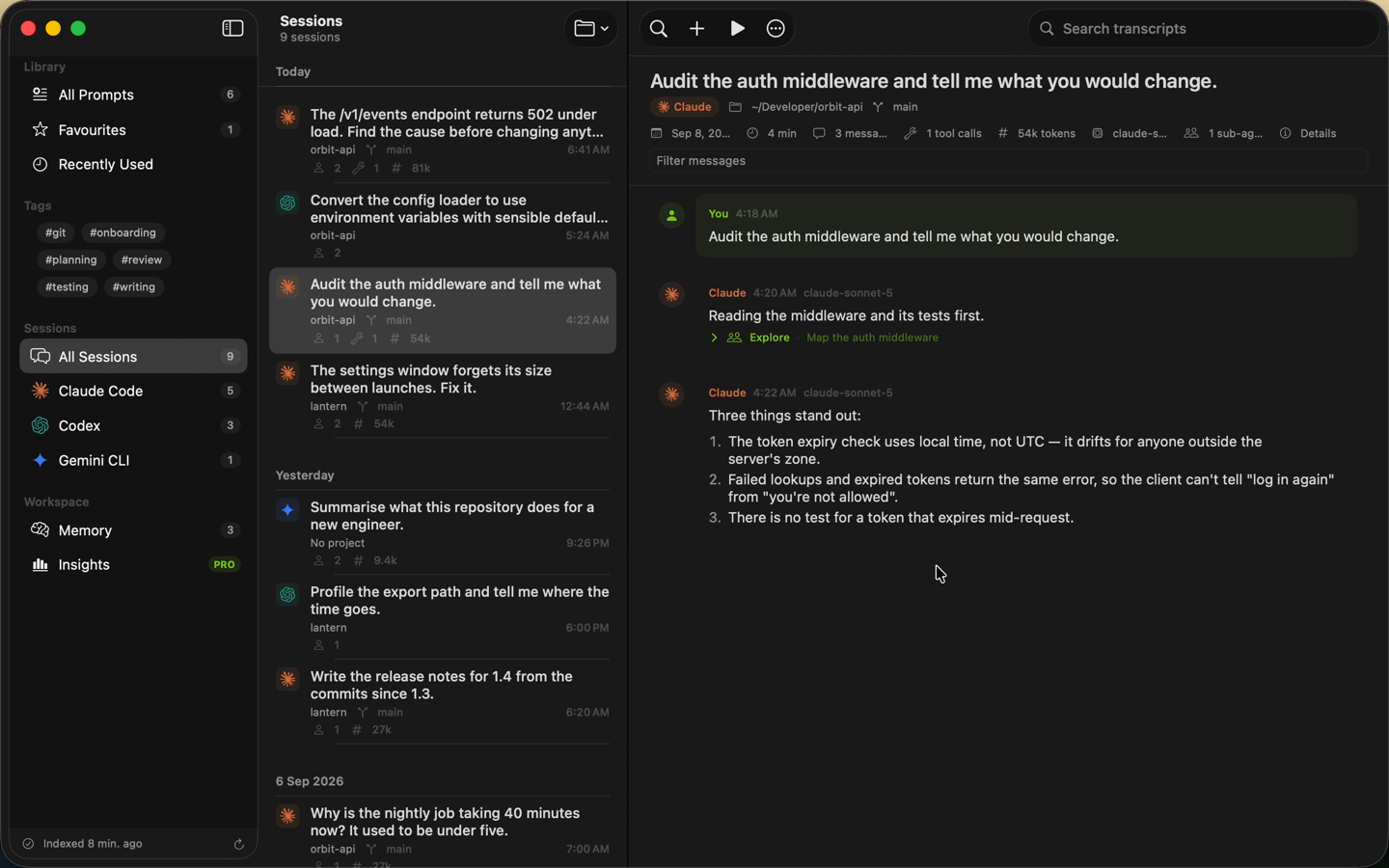 The sessions list grouped by day, with transcripts from Claude Code, Codex and Gemini CLI side by side
