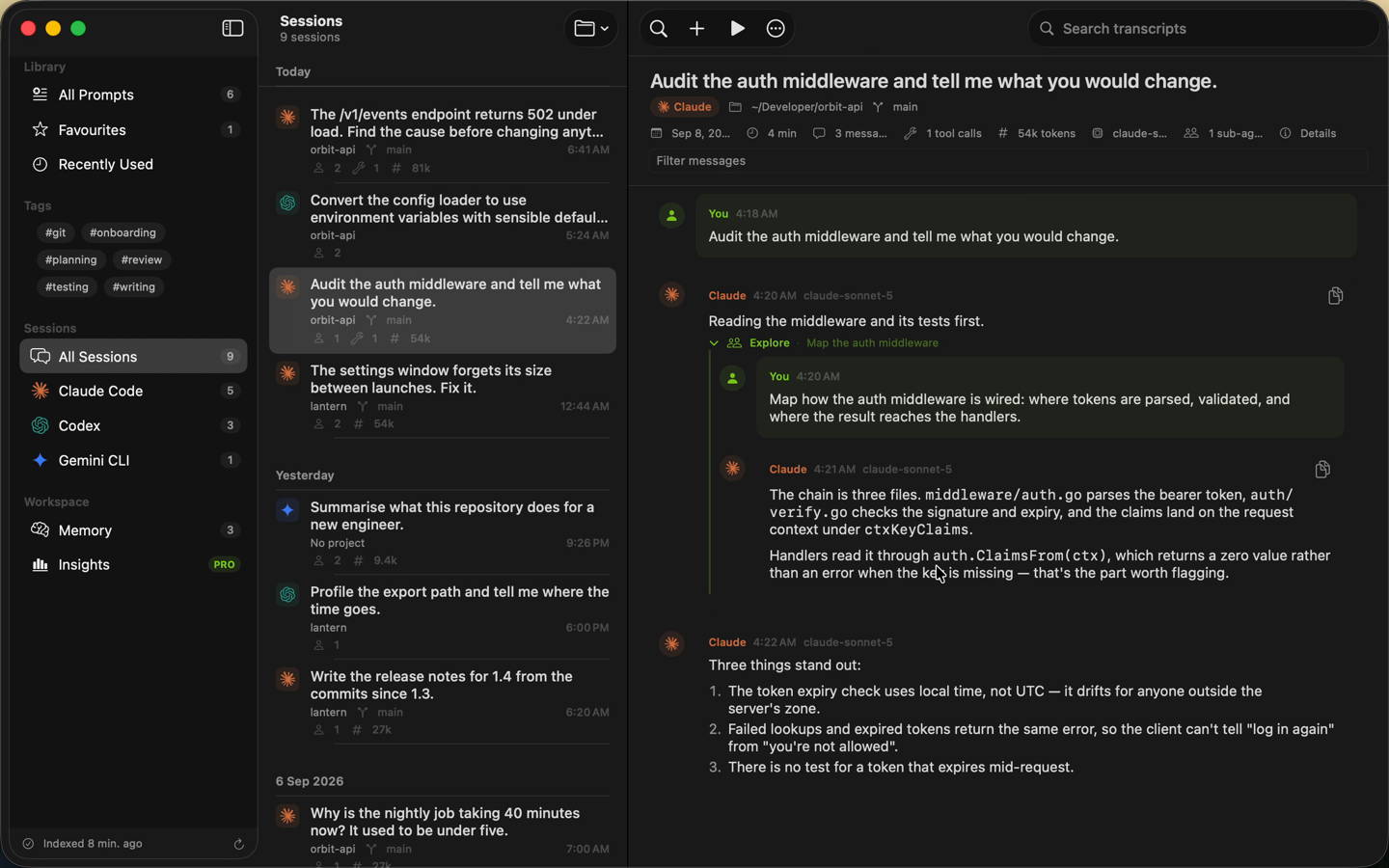 A transcript with a sub-agent conversation expanded inline beneath the tool call that started it